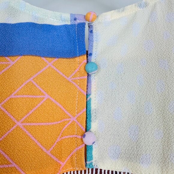 Fate Multicolor Abstract Patchwork Long Puff Sleeve Ruffle Keyhole Blouse Size S - Picture 7 of 9